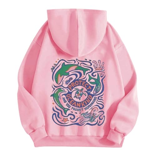 Moletom com capuz feminino grande, com estampa, leve, confortável, fofo, casual, roupas prepy, adole