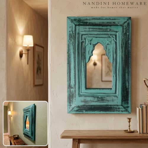 Image of Handcrafted Traditional MDF Wooden Mirror Jharokha Wall Art | Heritage Boho Style Decorative Wall Hanging (Teal Mirror)