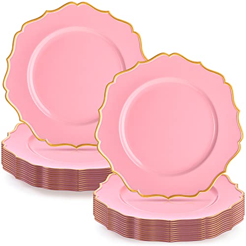 Mumufy 24 Pcs Pink Scalloped Charger Plates With Gold Rim 13 Inch Plastic Round Charger Plates Bulk Reusable Dinner Plate Chargers Decorative Plates For Home Party Wedding Kitchen Tabletop Decoration #TOP26