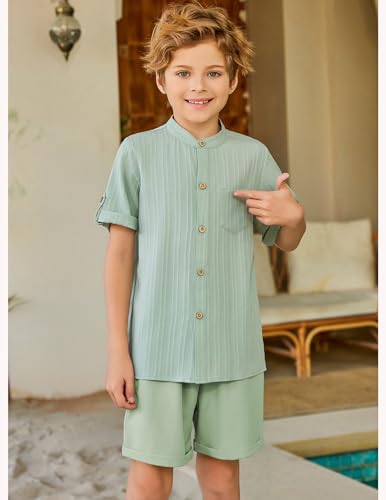Image of Arshiner Boy's 2 Piece Beach Outfit Short Sleeve Textured Button Down Shirt and Short Sets Summer Vacation Wear 4-12 Years