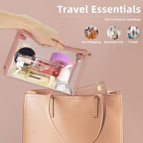 Makeup Bag Set of 2 – Clear PVC Toiletry Bag with Zipper & PU Leather Cosmetic Pouch, Travel Makeup Organizer Bags for Women, Portable Leather Pouch for Purse or Travel, Brown3