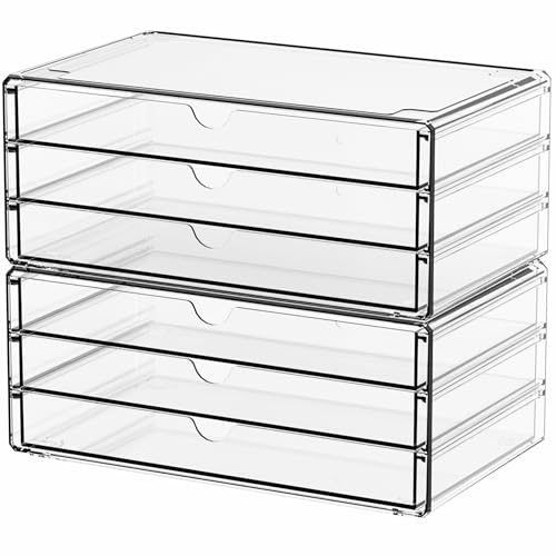 Yieach 2 Pack Acrylic Storage Drawers With 6 Drawers,Stackable Desk Organizer and Makeup Organizer,Large Clear Office Supplies Organizer for Pen,Stationary,Palettes,Arts Craft Organizers and Storage