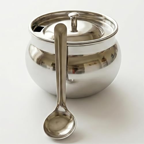 Image of AQUANERO+ Stainless Steel Ghee Pot Set of 2 with Tray and Spoon, for Storing and Serving Ghee, Oil, Chutney, Pickles, and Spices Food Grade Quality