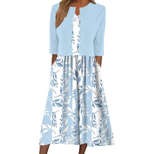 XNC Womens 2 Piece Set Fashion Fresh Plant Print Midi Dress V-Neck Half Sleeve with Jacket A-line...