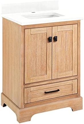 Signature Hardware 483351 Quen 24" Free Standing Single Basin Vanity Set with Cabinet, Vanity Top, and Undermount Sink - 1 Faucet Hole - Driftwood Brown/Feathered White Quartz