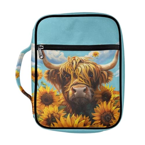 Sunflower Highland Cow Bible Cover Case for Women Girls Large Bible Carrying Book Case Church Bag Bible Protective with Handle Gift for Kids Adult