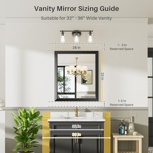 28x32 Inch Black Bathroom Mirror for Wall, Thick Metal Framed Rectangle Mirrors for Over Sink, Bedroom, Living Room, Entryway, Anti-Rust, HD Tempered Glass