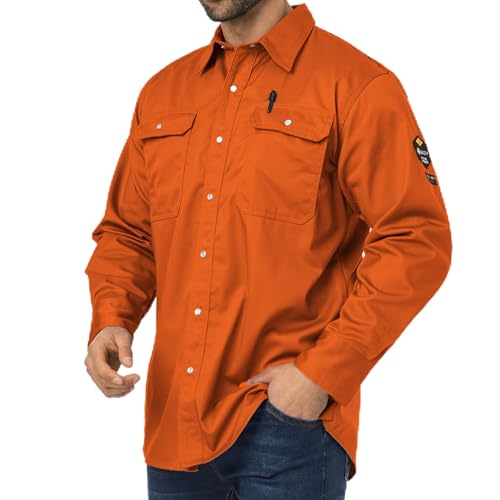 Image of JKSafety 7oz FR Shirts for Men Women ARC 2 Flame Resistant Welding Shirt Fire Retardant Button Up Shirt FR Clothing FRC Long Sleeve Safety Workwear (100R1-Orange 3XL) 1 Piece