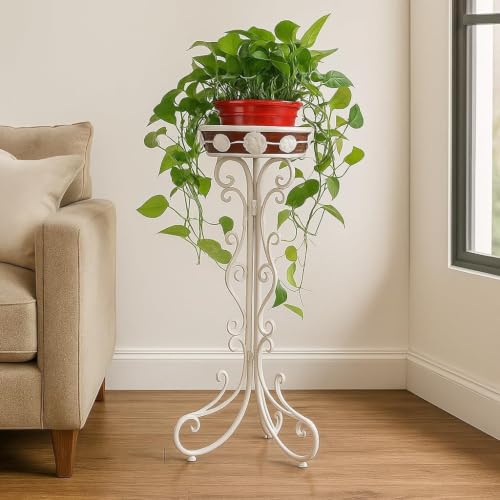 Image of Kundi Indoor Outdoor Wrought Iron Plant Stand, Tall Metal Iron Flower Pot Stand, 11.4 x 9.6 x 24.4 inches (Double Pot White) (Single Basket White)