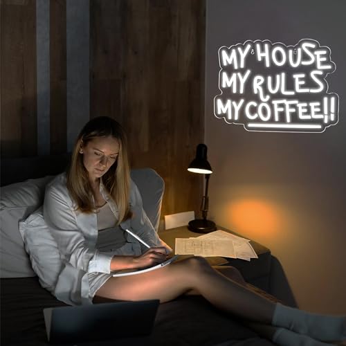 Image of My House My Rules My Coffee Neon Signs for Wall Decor Neon Lights for Bedroom Led Business Signs Suitable for Coffee Shops Christmas Birthday Party Gift 5V Power Adapter, 16.1*11.8 Inch(White)