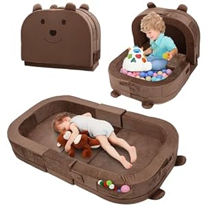 Toddler Travel Bed,Foldable&Portable Baby Cot for Kids with Removable Pillow,200GSM Dutch Fleece &28D High-Density Sponge,Bear-Shaped 2-in-1Design for Naps,Lounger,and Little Sofa at Home or Travel