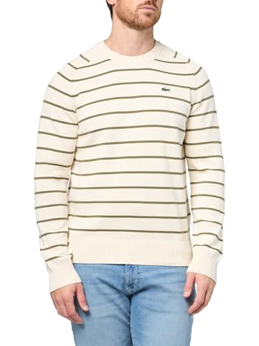 Lacoste Men's Striped 3D Knit Cotton Crew Neck Sweater, Lapland/Olive, Small