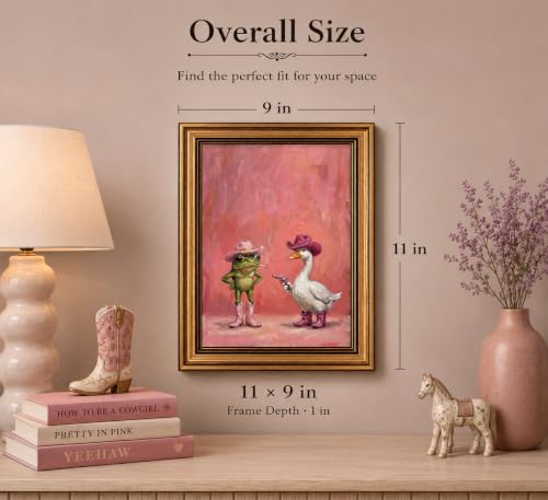 Image of Gold Framed 3D Textured Wall Art, Funny Pink Cowboy Frog and Duck Canvas Prints, Quirky Dopamine Western Animal Pictures Decor, Eclectic Cowgirl Artwork for Bathroom Dorm Bedroom 9x11inch