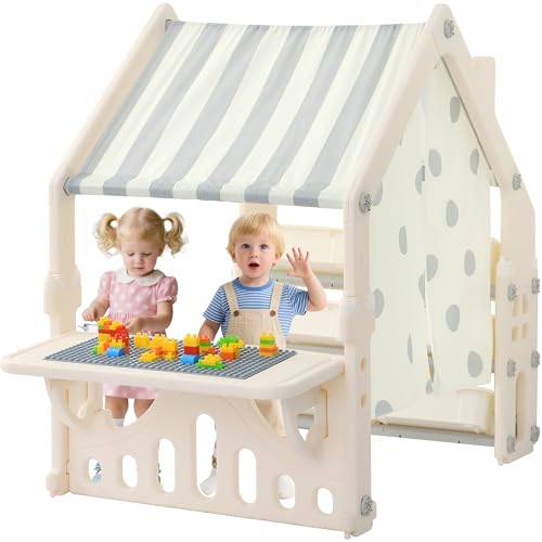 Kids Playhouse with Building Block Panel & Classified Storage Space,