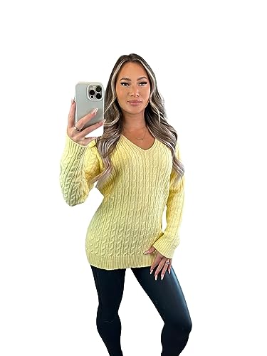 Crazy Fashion Ladies Long Sleeve V-Neck Knitted Cable Women’s Jumper Knitted Sweater Pull Over Jumper Top Knit Warm Winter Chunky Everyday Casual Pullover Plain Tops Yellow UK 16-18