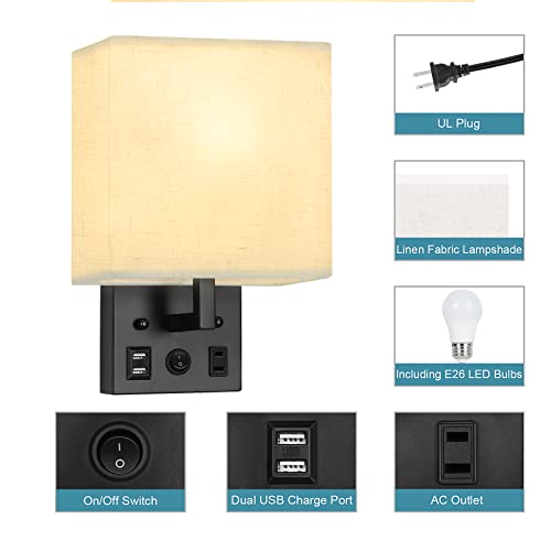 Oyeal Plug In Wall Sconces Set Of 2 Bedside Wall Lamp Light With Usb Charging Ports Ac Socket, Fabric Linen Shade, Wall Mount Light For Bedroom Living Room Hallway (Led Bulbs Included), Black #TOP2