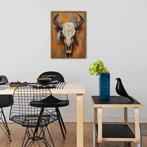 Image of Western Bull Skull Wall Art Framed Rustic Tribal Cow Skull Painting with Feathers, Southwestern Boho Canvas Wall Decor Western Farmhouse Artwork for Living Room Bedroom Office Home Decorations 16x24