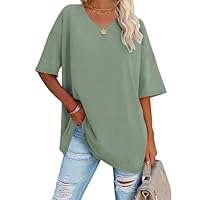 iudam Oversize T Shirt Damen mit V-Ausschnitt Sommer Longshirt Kurzarm Übergroße Oberteil Locker Sport Tops Casual Tee Shirts Blusen,Hellgrün,XXL