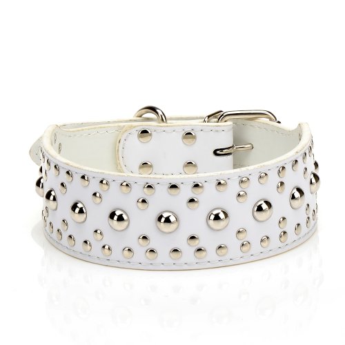 Pet Kingdom 18-24'' Leather Studded Large Dog Collar 4 Colors 3 Size Pet Collar (White, Large)