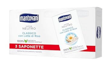 Mantovani - Sapone Neutro Solido, di Origine Vegetale con Latte di Riso, Dermatologicamente Testato, 3 x 90gr