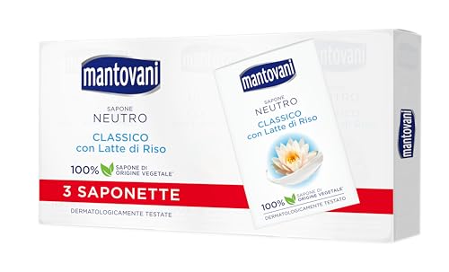 Mantovani - Sapone Neutro Solido, di Origine Vegetale con Latte di Riso, Dermatologicamente Testato, 3 x 90gr