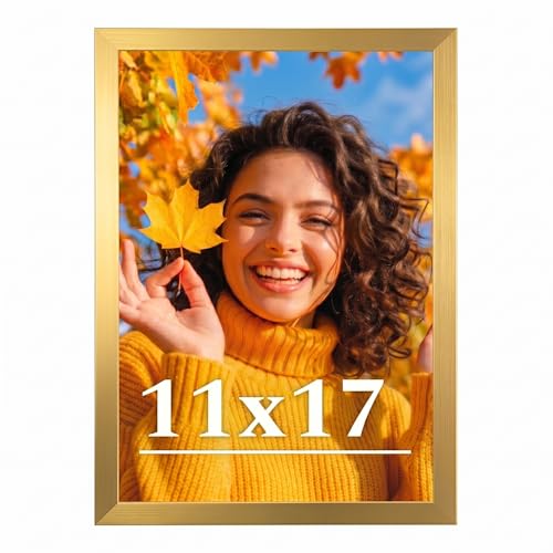Veleclo 11x17 Picture Frame for Wall Display 11x17 Gold Picture Frame with Shatter Resistant Plexiglass Stable and Sturdy 11 x 17 Poster Frame for Wall Display Handpicked Gift Collection 1 Pack