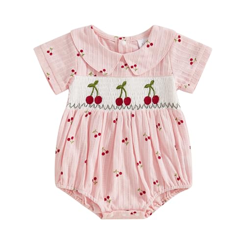 Emmababy Cherry Outfit Baby Girl Smocked Bubble Romper Cherry Ruffle Bodysuit Infant Fruit Outfit Newborn Summer Jumpsuit