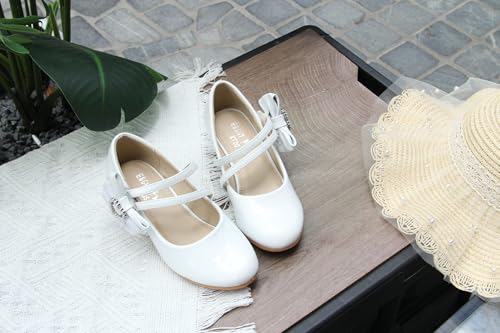 EIGHT KM EKM7018 Girls Low Heels Mary Jane Dress Formal Illuminate Pumps, Heart Patent White, 13 UK Child