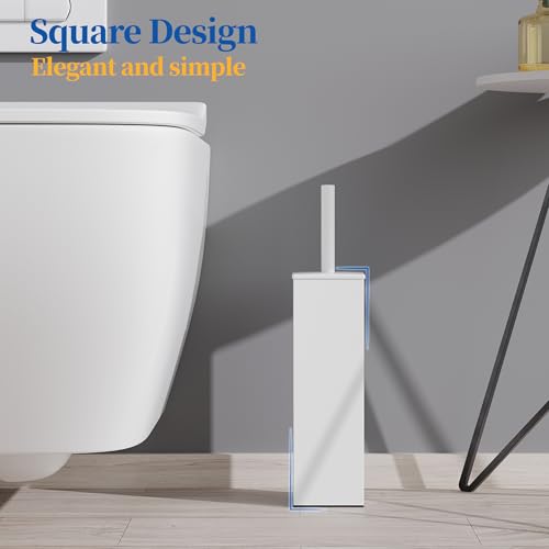 Image of RUACQ Toilet Brush and Holder Set, Square, White | SUS304 Stainless Steel Handle, Toilet Cleaner Brush with Durable Scrubbing Bristles, Splash-Proof