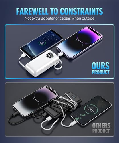 Power Bank, Portable Charger 15000mAh Battery Pack Built in Output Cables Fast Charging Equipped with LED Display for Most Electronic Devices(White)