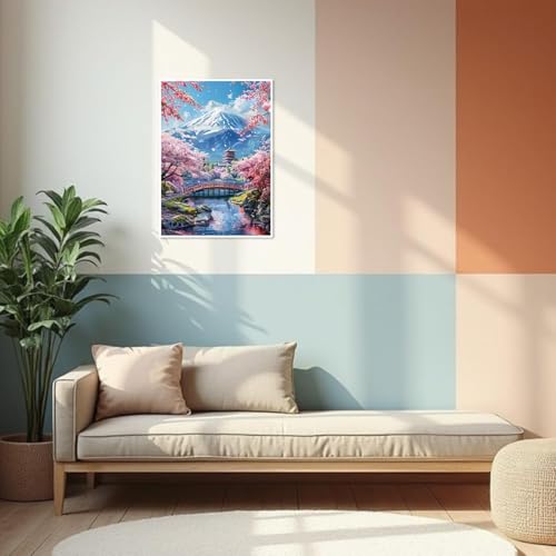Image of Kaixine Japanese Landscape Stamped Cross Stitch Kits,Mount Fuji Cherry Blossom Trees Cross Stitch Ornament Kits for Adults Beginners, Counted Embroidery Needlepoint Kits Home Decor 12x16 Inch