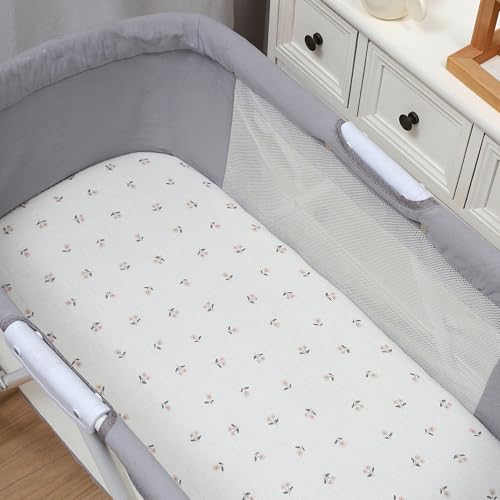 Image of Onacosht Muslin Bassinet Sheets 3 Pack for Baby Girl, Pink and Floral | Skin-friendly, 100% Cotton Bassinet Fitted Sheets, 33 inch X 17 inch, Universal Size for Standard Oval & Rectangle Bassinet Mattress