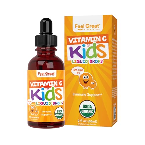 Feel Great Organic Vitamin C Liquid Drops for Kids & Toddlers | Immune Support & Antioxidant Supplement | Easy-to-Take Liquid | USDA Organic Vegan Non-GMO Gluten-Free | 2 fl oz
