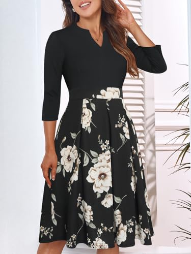 Image of YATHON Womens Elegant Print Notched Neck Slant Pocket Pleated Hem Casual A-Line Dress