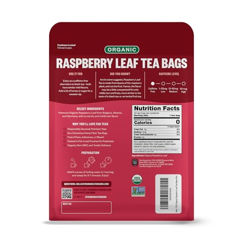 Image of FGO Organic Red Raspberry Leaf Herbal Tea, 40 Count, Eco-Conscious Tea Bags, Caffeine Free (Pack of 1)