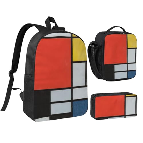 Sac à dos d'école EdWal ensemble 3 pièces avec boîte à déjeuner et trousse design Mondrian