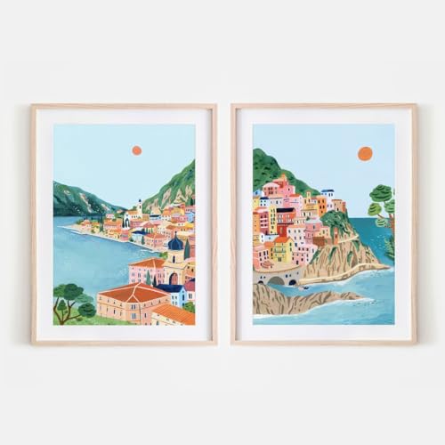Nationcog 2er-Set Reiseposter Cinque Terre, Gardasee, Italien-Reiseposter, 2er-Set, Italien-Poster, Kunstdruck-Set, Reisegeschenk, Einweihungsgeschenk, italienische Seen, Heimbüro-Dekor (ungerahmt