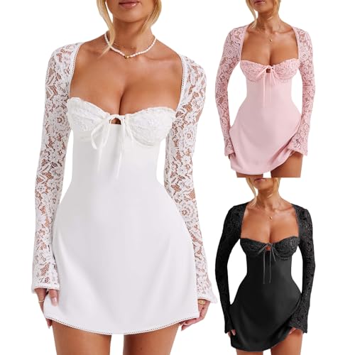Robe mini ajourée à manches longues en dentelle patchwork avec dos nu