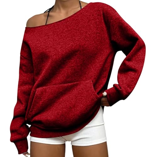 Rikbuig Women Off the Shoulder Sweatshirt Plain Oversized Crewneck Cute Teens Sweat Shirts No Hood Fall Workout Pullover Sweaters Y2k Sexy Going Out Long Sleeve One Shoulder Tops Hoodies Fall Clothes