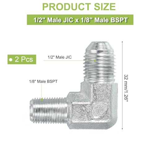 Image of PATIKIL 90 Degree Pipe Adapter, 2 Pcs 1 /2 inch Male 37 Flare JIC x 1 /8 inch BSPT Male Connector Carbon Steel Elbow Fitting for Air Hydraulic Fluid Fuel Water Oil, Silver