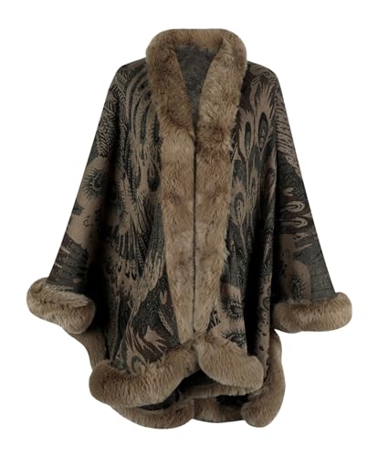 Womens Faux Fur Trim Coat Shawls Wrap Winter Vintage Open Front Cardigan Poncho Cape Cloak