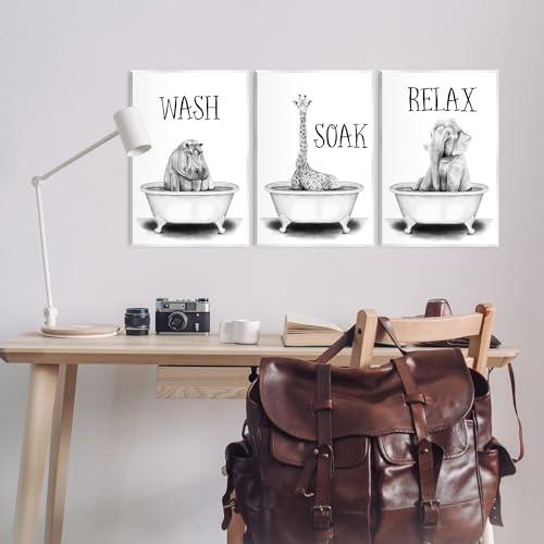 Image of Jungle Animals Bath, 13 x 19 Inch Mounted Print on Wall Plaque Set | Stupell Industries . By Rachel Nieman . Ready to hang . Great for bathroom decor . Made in USA