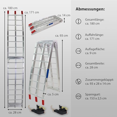 TRUTZHOLM 2 x Auffahrrampe klappbar 180 cm Traglast 680 kg Alu grau geriffelte Einzelstäbe Verladerampe
