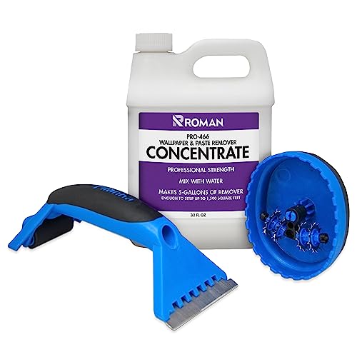 ROMAN Wallpaper Removal Kit - Concentrate (32 oz), Perforating Scoring Tool, and Angled Scraper for Home Improvement - Yields 5 Gallons of Remover (1500 sq. ft Coverage) by Roman - Used condition - US$20.59