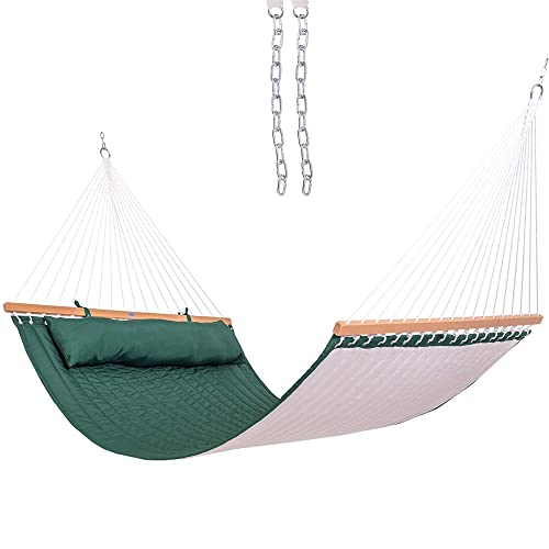 Lazy Daze 12 Ft Double Quilted Fabric Hammock With Spreader Bars And Detachable Pillow, 2 Person Hammock For Outdoor Patio Backyard Poolside, 450 Lbs Weight Capacity, Dark Green/Natural #TOP4