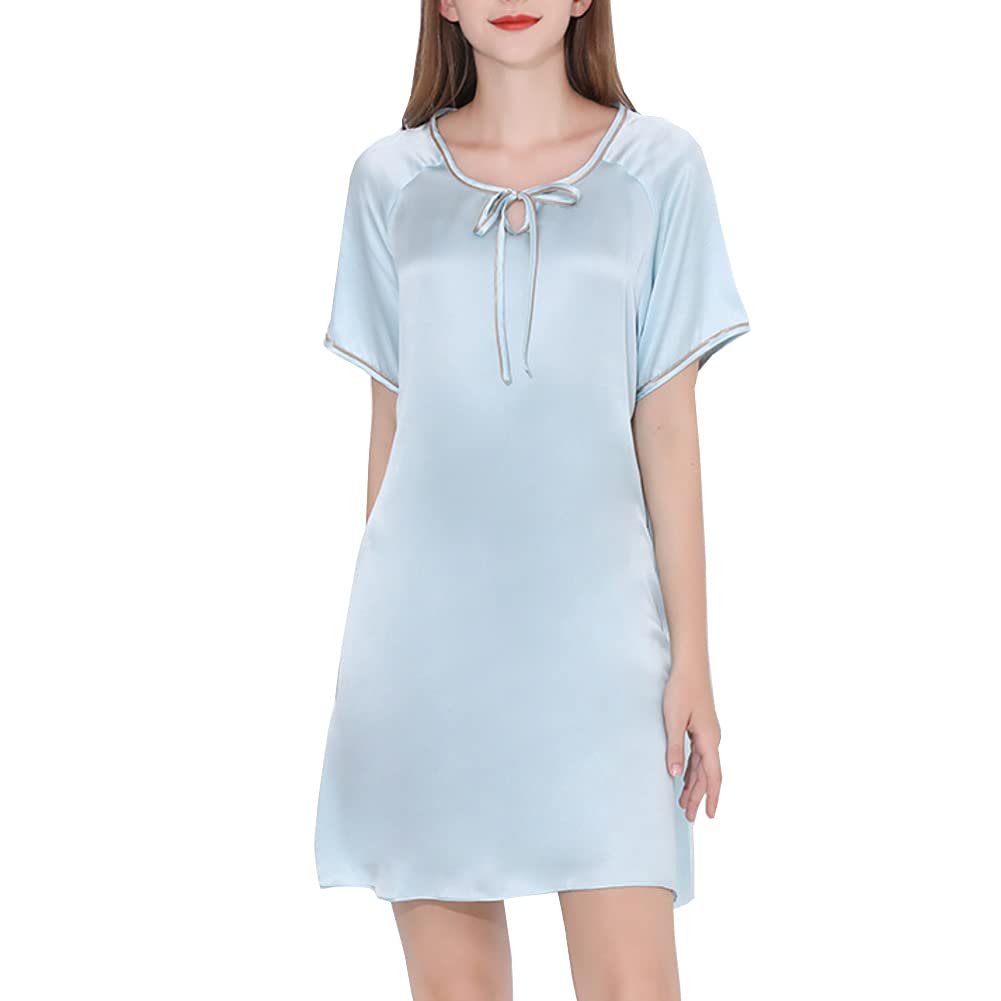 Valin Mujer Azul Claro Simple 100% Seda Pijama Vestido Camisón Camisón Manga Corta 19 Momme Pijama de Seda,XL, S5684