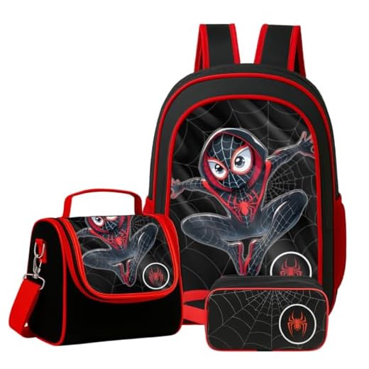 Kit Mochila Costas Escolar Infantil Passeio Aranha Grande Menino+ Lancheira Transversal + Estojo Duplo