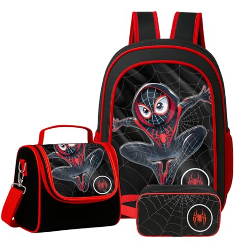 Kit Mochila Costas Escolar Infantil Passeio Aranha Grande Menino+ Lancheira Transversal + Estojo Duplo
