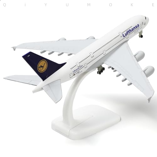 QIYUMOKE 1/300 Metallflugzeugmodell für Lufthansa A380 mit Ständer (7.5 Zoll), geeignet für Luftfahrtbegeisterte als Geschenk oder Ausstellungsdekoration