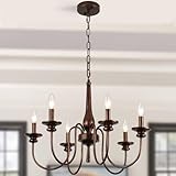 TYNEWRGY 24' Farmhouse Chandelier for Kitchen Island, 6-Light French Country Chandelier with Adjustable Chain, Oil Rubbed Bronze Candle Pendant Light for Dining Room, Living Room, Foyer